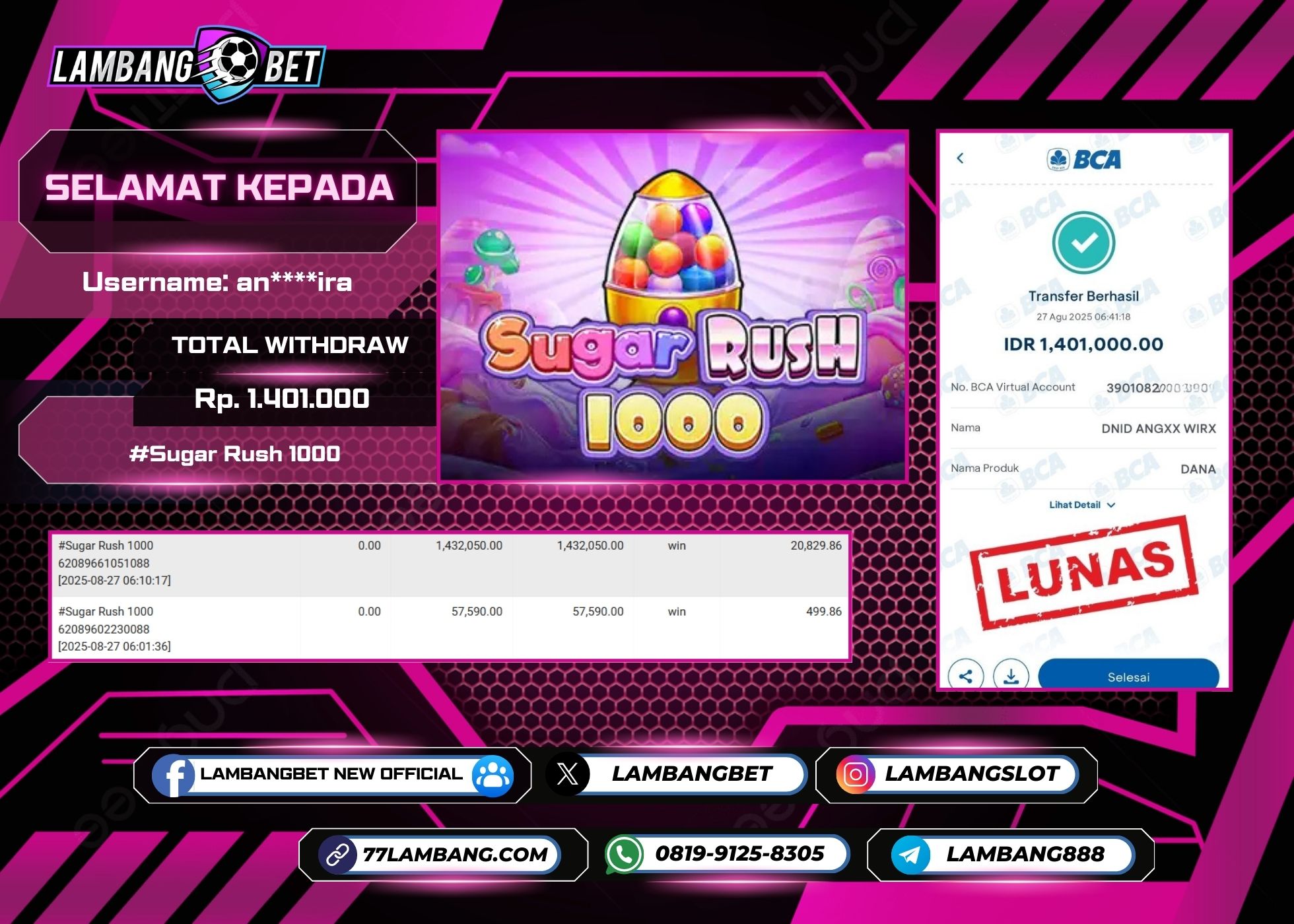 LAMBANGBET [27 AUGUST 2025] JACKPOT SLOT Sugar Rush 1000 "Rp1.401.000" LUNAS